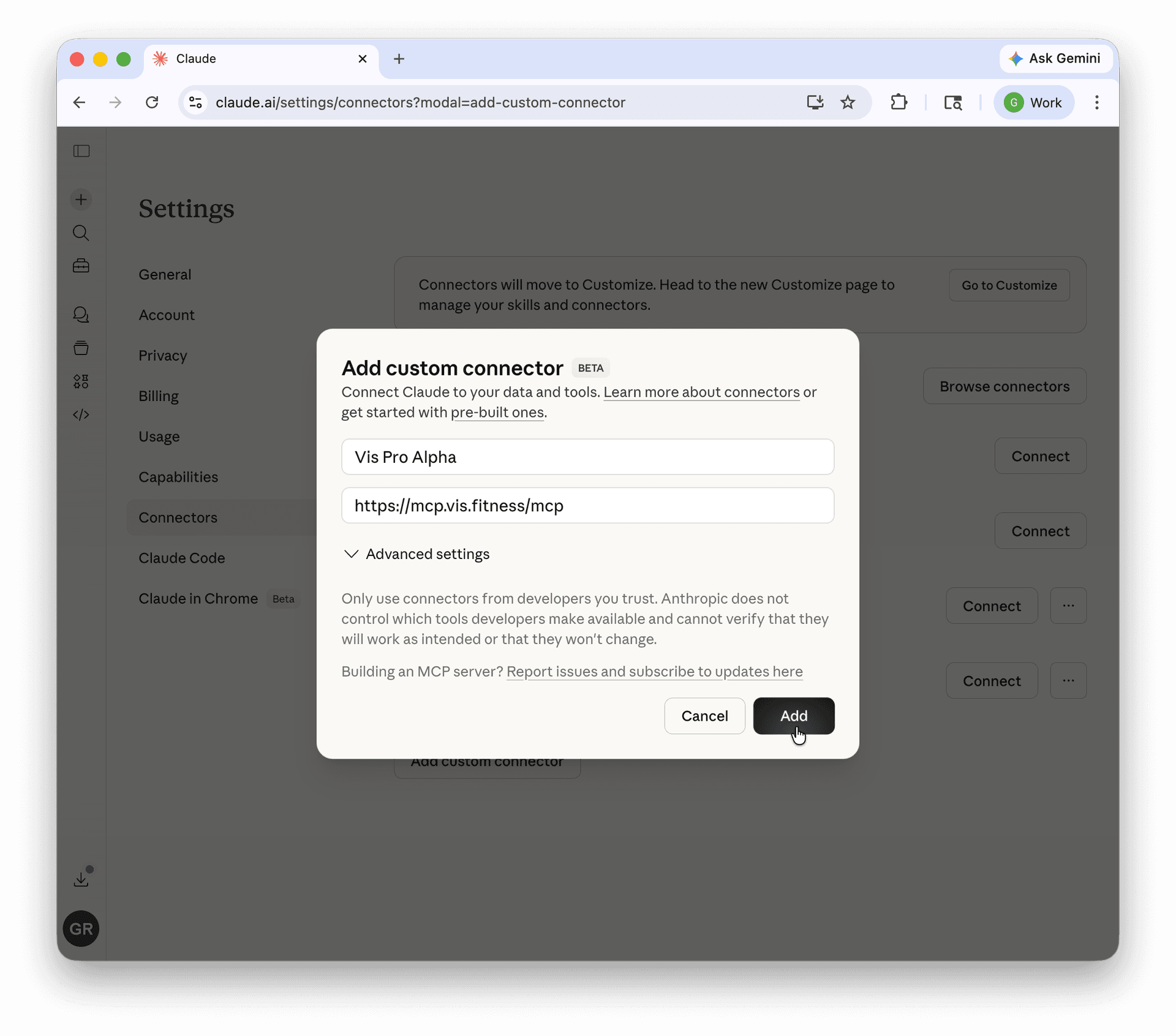 Claude's Add custom connector dialog with Vis Pro Alpha and the MCP server URL filled in.