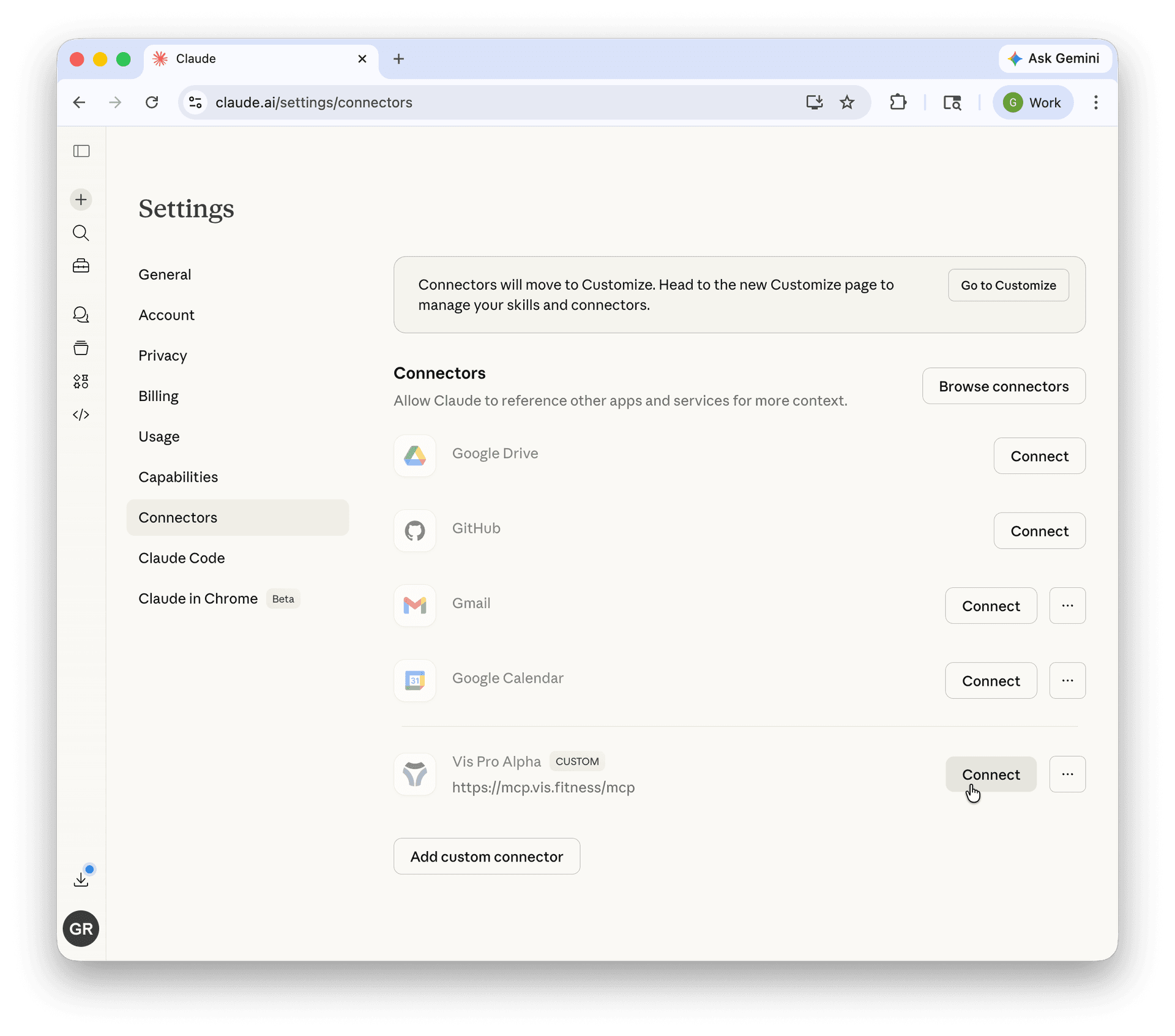 Claude's connectors page showing the Vis Pro Alpha connector ready to connect.