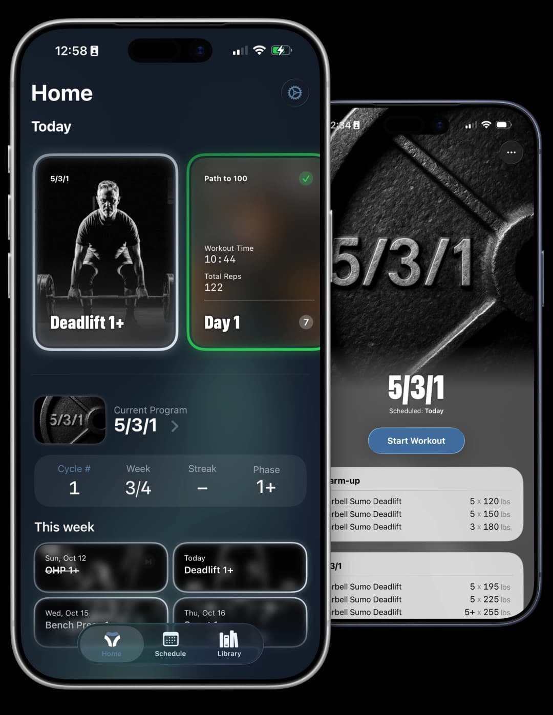 Screenshot of Vis. Showing the home screen with one workout completed and one workout pending.