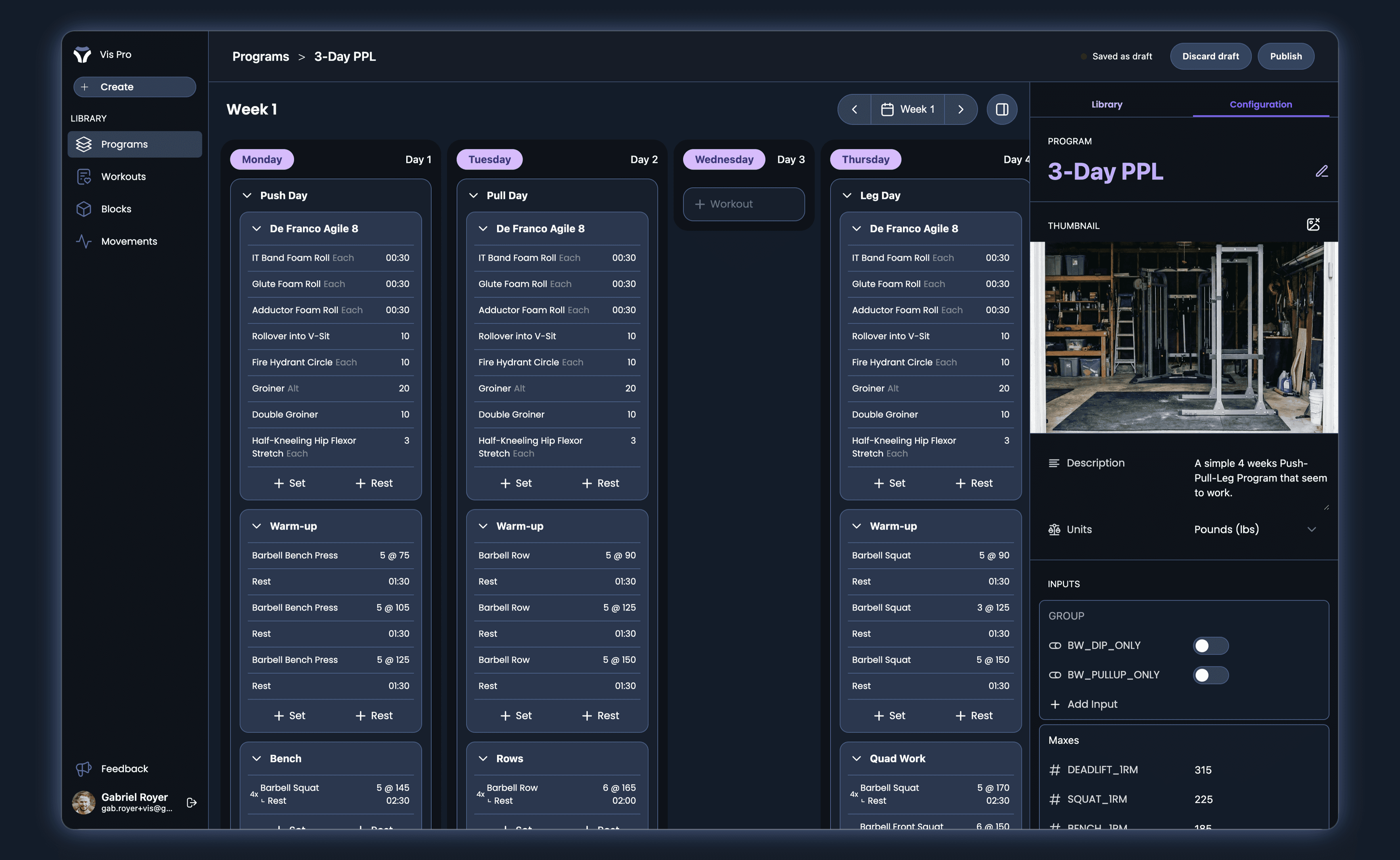 Screenshot of Vis. Showing the creation of a program called 5/3/1 Boring But Big