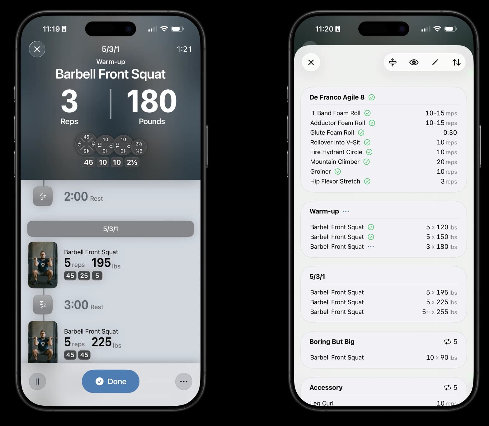Screenshot of both the workout screen and the view/edit sheet.