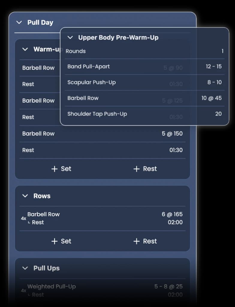 Screenshot of Vis Pro where the user is dragging a block called Upper Body Pre-Warm-Up onto their workout.