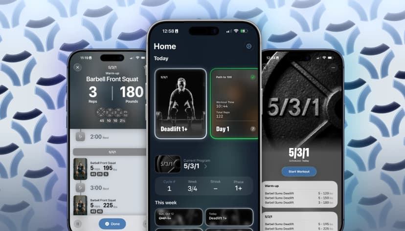 Three phones showing screenshots of the workout, home and preview screens.