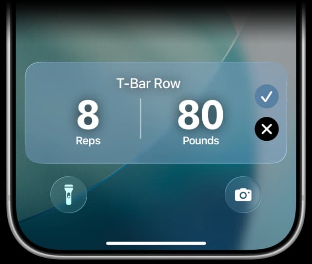 Screenshot of a phone lock's screen with a Live Activity of Vis, showing the current set with buttons to mark the set as a success or failure.