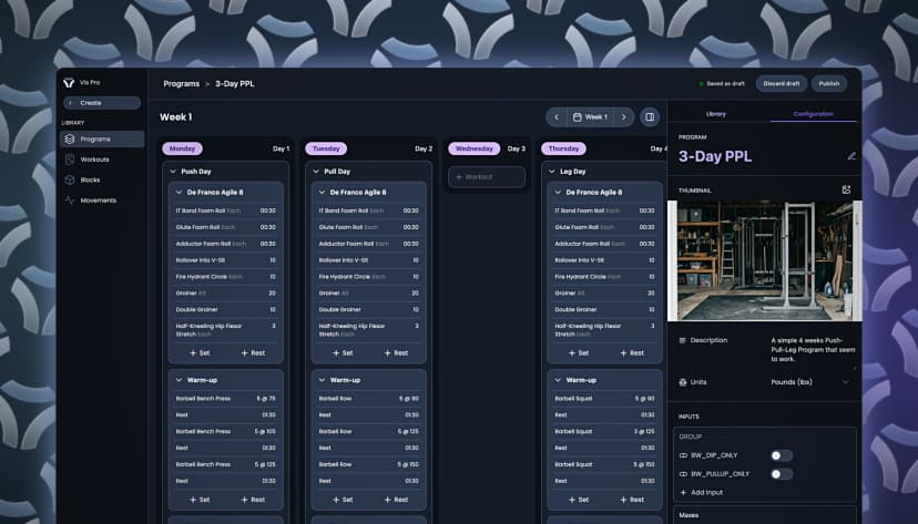 A screenshot of Vis Pro editing a workout program called 3-Day PPL.