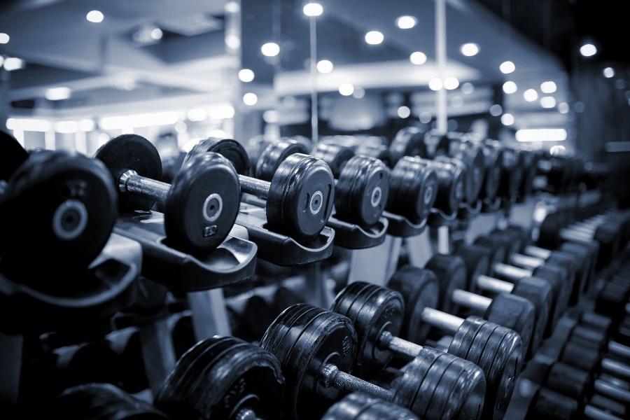 Gym with a rack filled with dumbbells of various weight.