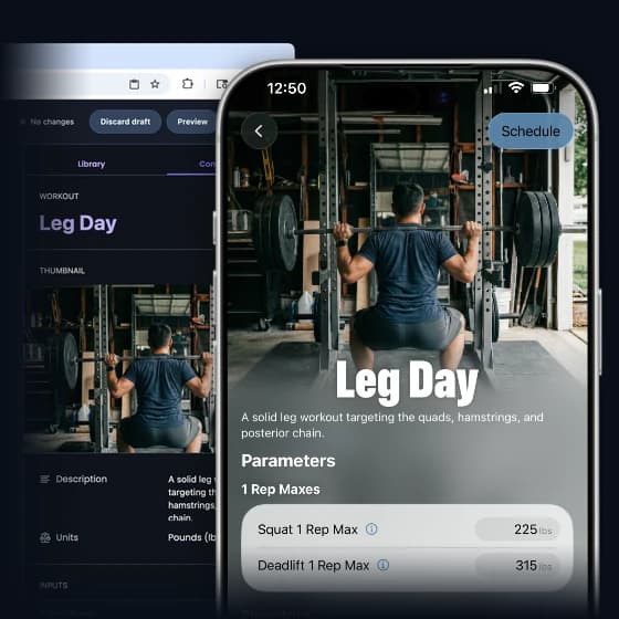 A device running Vis showing a workout called Leg Day on top of a browser running Vis Pro editing the same workout.
