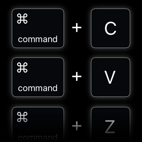Keyboard shortcuts, such as Command+C, Command-V, Command-Z, Shift-Command-Z all work as expected.