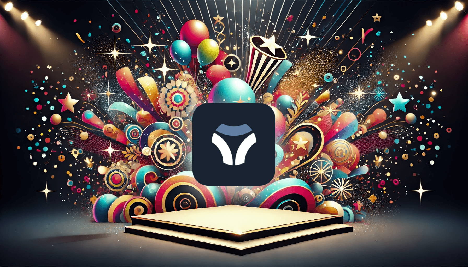 The Vis Pro logo on a pedestal, in front of confettis and balloons. Celebrating the launch of Vis Pro.