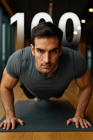 A man performing a push-up with the number 100 floating behind him.