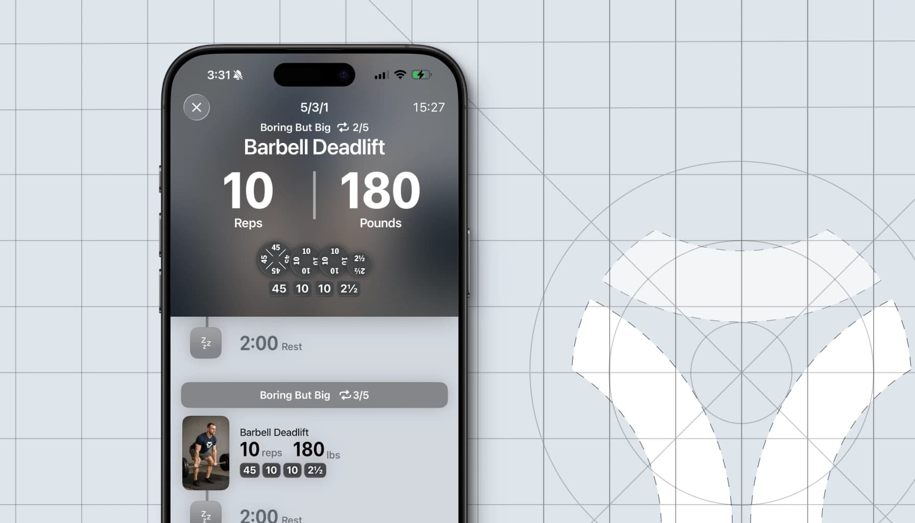 A screenshot of an iPhone showing the workout experience of Vis above a design grid.