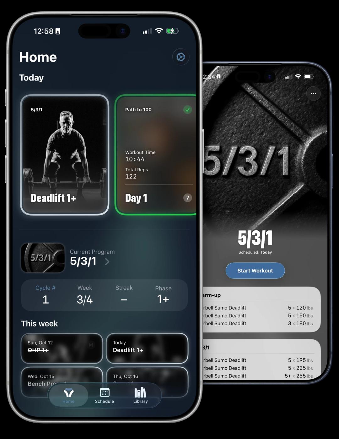 Screenshot of Vis. Showing the home screen with one workout completed and one workout pending.