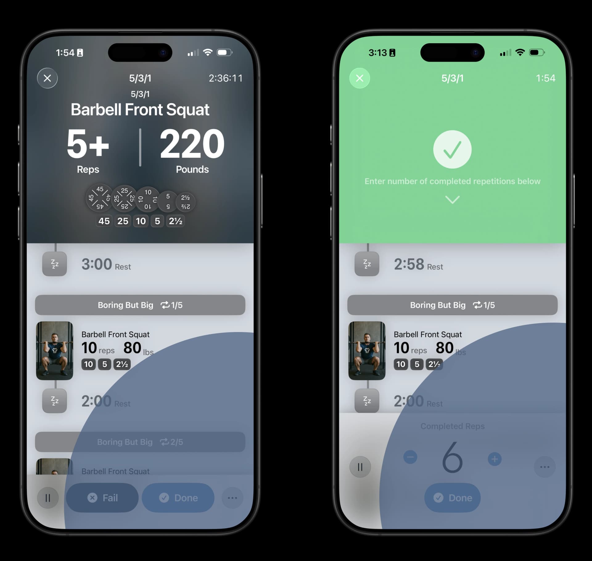 Two screenshots of the workout experience with an overlay showing where a user's thumb can reach. All important controls fall within this range.