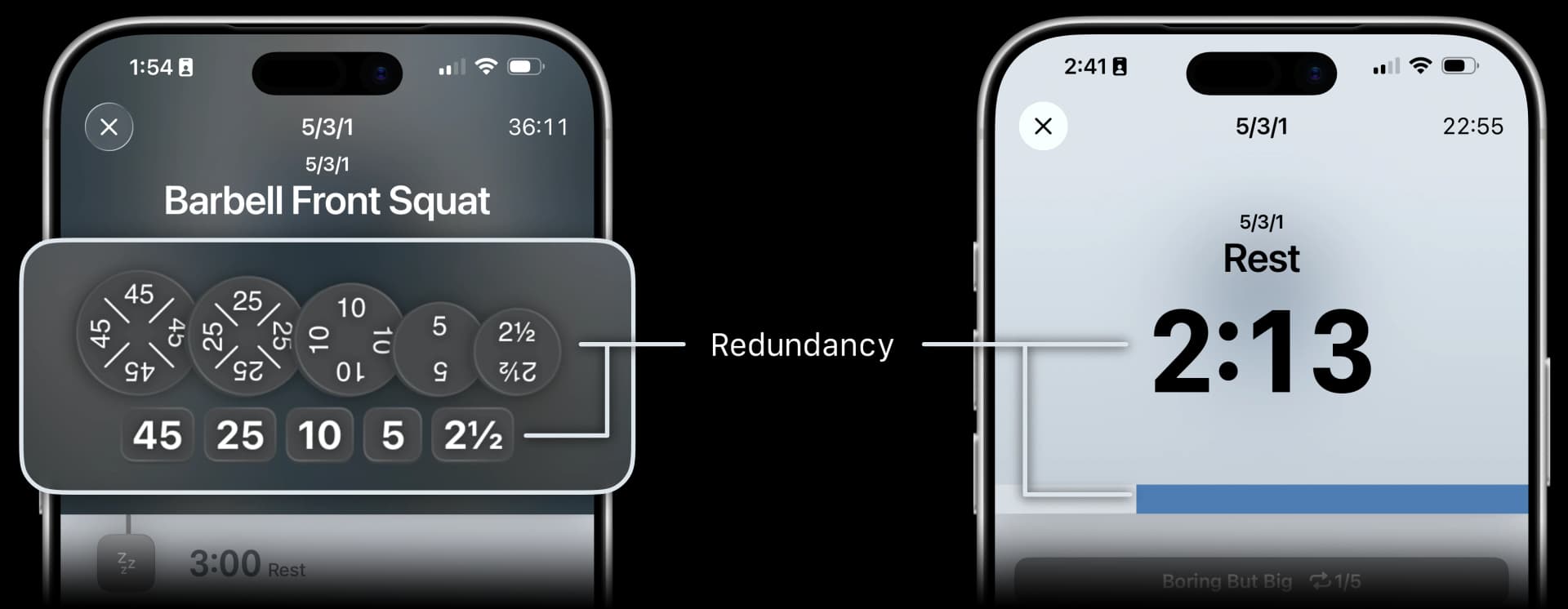 Two close-up screenshots of the top section of the workout experience, showing examples of redundancy.
