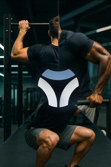 Three athletes performing different exercises. On the left is a man performing a pull-up. On the right is a man performing a dip and on the bottom is a man performing a squat.